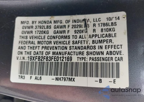 2015 Honda Civic Ex from USA, damaged, VIN 19XFB2F83FE012169